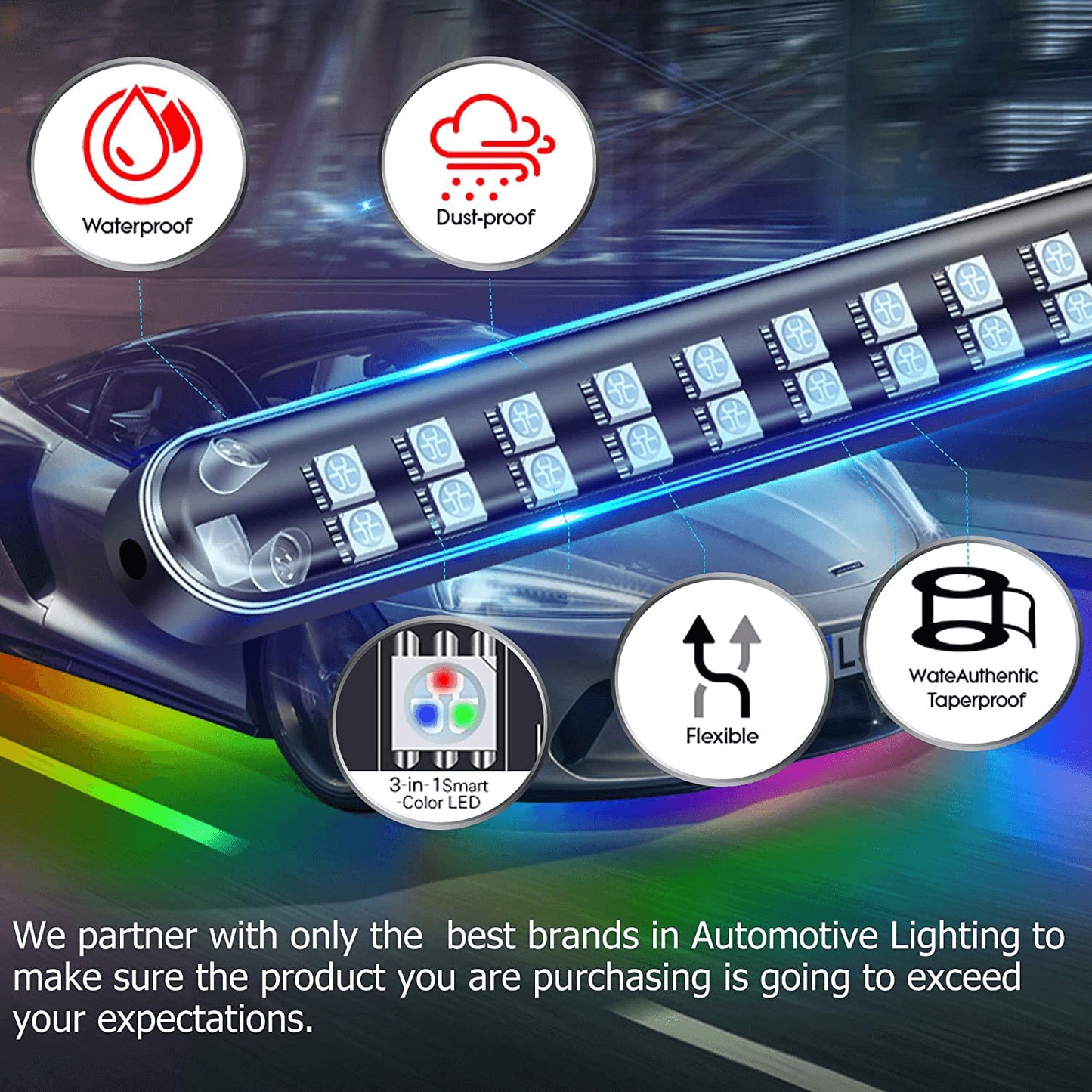 RGB neon underglow lighting kit for cars. Waterproof LED strips with remote control & color modes. Light up your drive, JDM style.