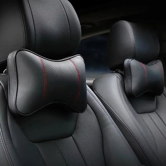 Breathable leather car headrest with adjustable elasticity. Provides neck support & comfort. Stylish upgrade for any car interior.